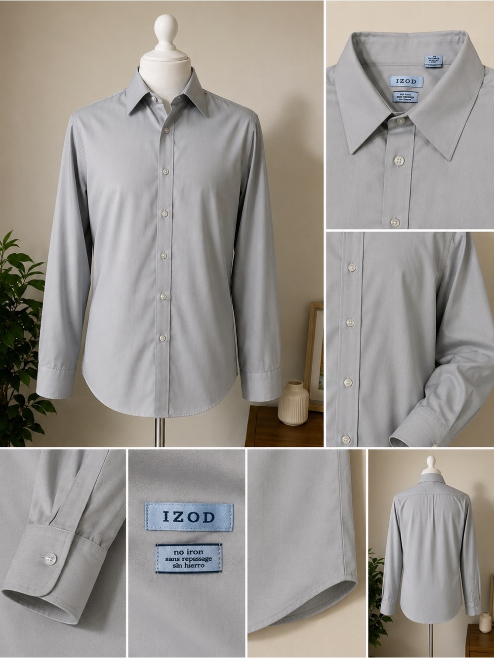 IZOD No Iron Light Gray Button-Down Dress Shirt XL Long Sleeve Business Casual